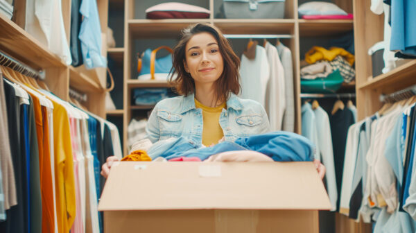 Joyful woman organizing clothes in trendy closet