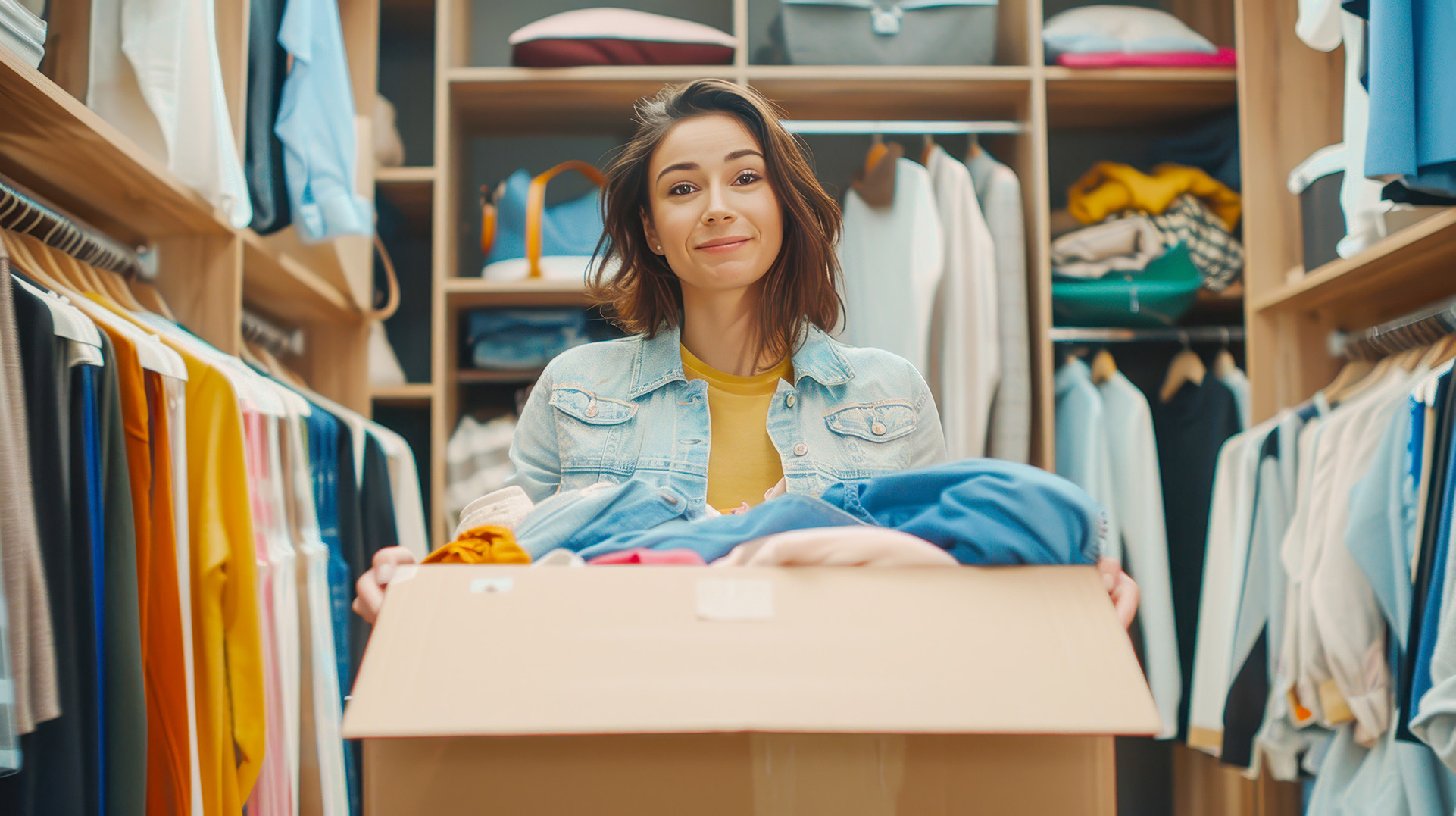 Joyful woman organizing clothes in trendy closet
