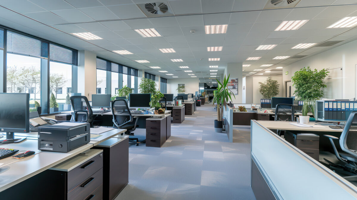 A bright and airy office space featuring multiple workstations, computers, and indoor plants illuminated by natural light