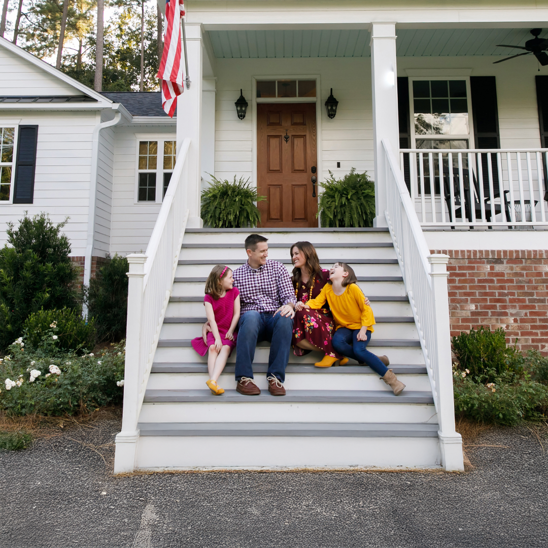 A happy family sitting on the staircase in front of their home, laughing and enjoying each other's company.