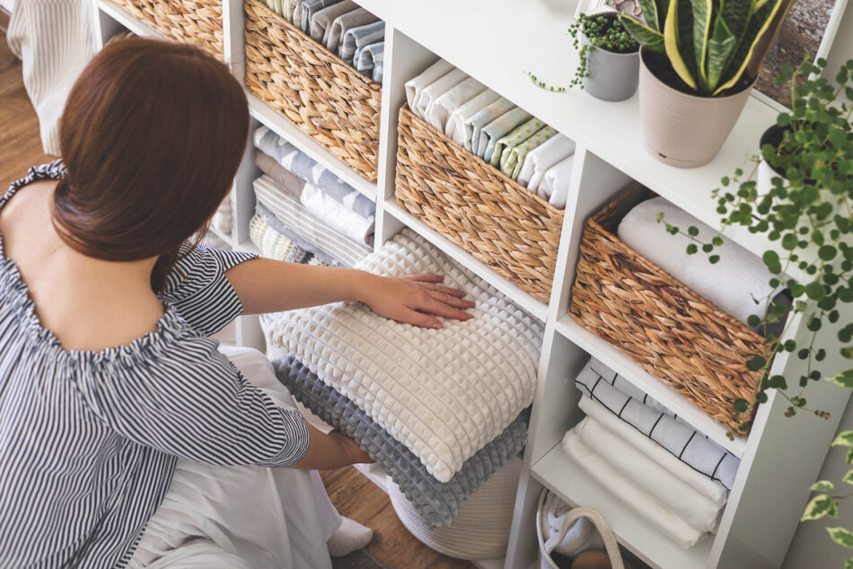 A women putting away some pillows on a shelf representing junk removal services with Professional Edge Cleaning.