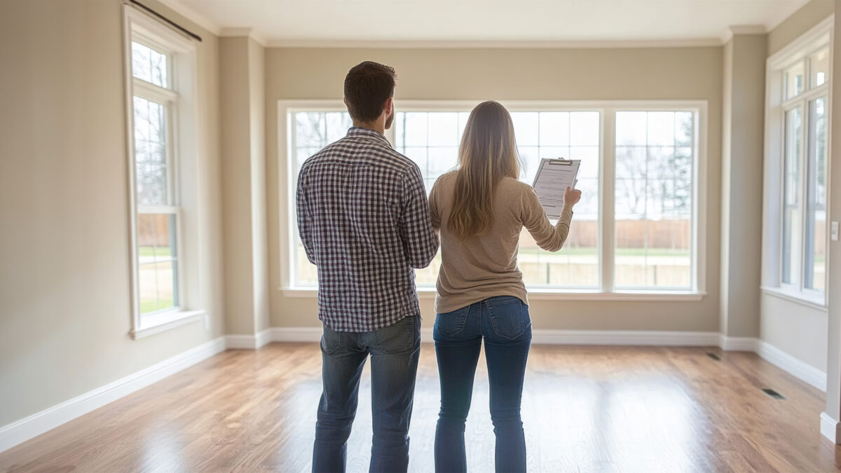 A couple inspecting their house with a moving cleaning checklist, giving them clarity and peace of mind.